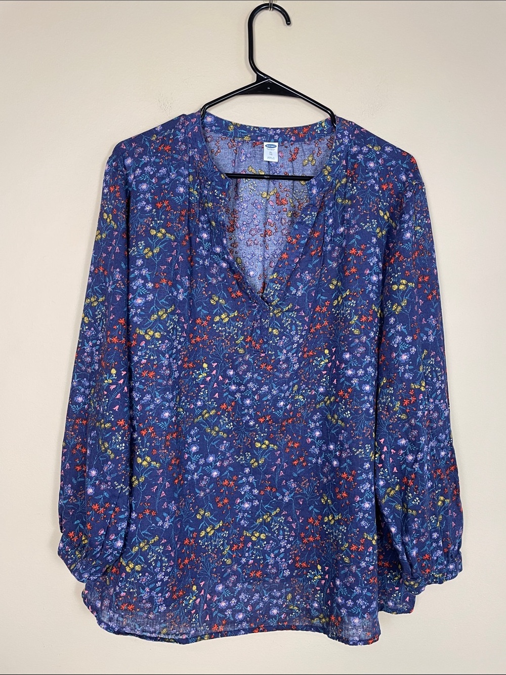 Old Navy Women’s Boho Floral Print Linen Blend Multicolor Split Neck LS Blouse